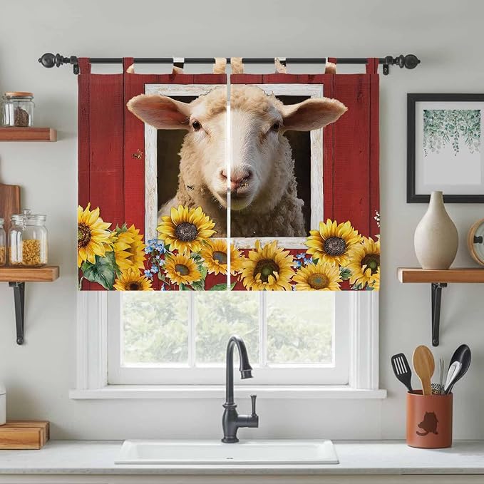 Sheep Sunflower Kitchen Curtains 45 Inch Length, Short Cafe Window Curtains Tab - Image 3