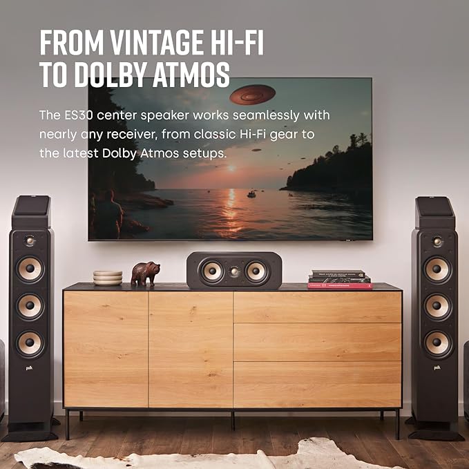 Polk Signature Elite ES30 Center Channel Speaker, Home Theater Speakers, Hi-Res Audio Certified, Dolby Atmos & DTS:X Compatible, 1" Tweeter & Two 5.25" Woofers, Dual Power Port Bass, Stunning Black