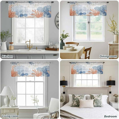 Ocean Corals Sheer Valance Curtains, Summer Beach Coral Sea Stars Wood Grain - Image 9