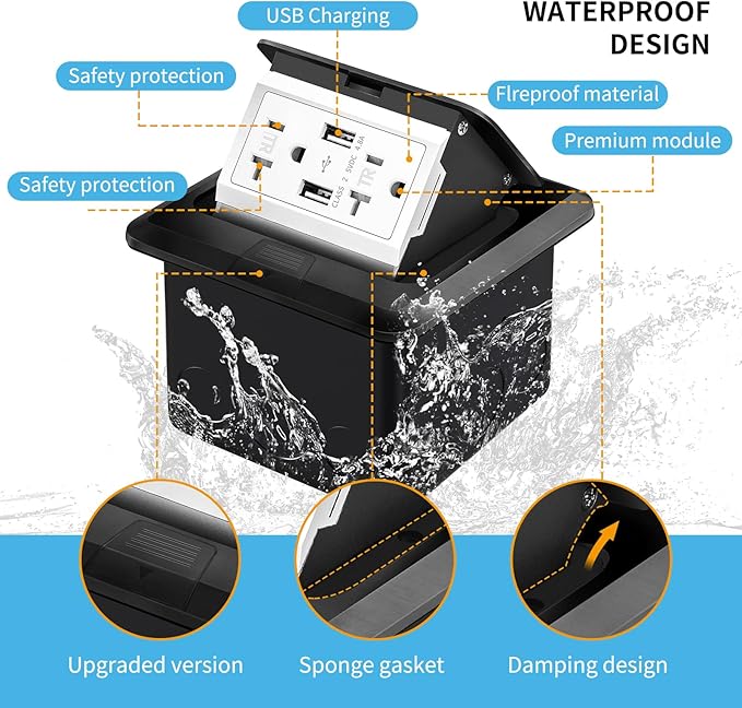 Vagueior Pop-Up Floor Box Kit, 4.8A USB Outlet, 20A Tamper-Resistant Receptacle Outlet, Corrosive Resistant Hardware, ETL Certified,Black