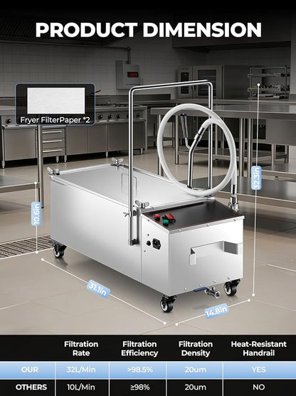 Mobile Fryer Oil Filter Machine, 55L/14.5GAL Fryer Filter Machine, Stainless - Image 8