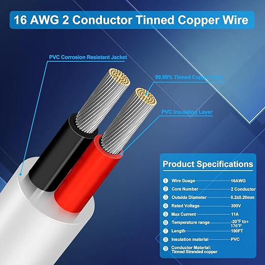 16 Gauge 2 Conductor Electrical Wire, 100FT Low Voltage 16/2 Tinned Copper Stranded 2 Wire Cable, 16 AWG White Flexible Extension Power Cord for Automotive, LED Lamp, Outdoor Landscape Lighting Etc