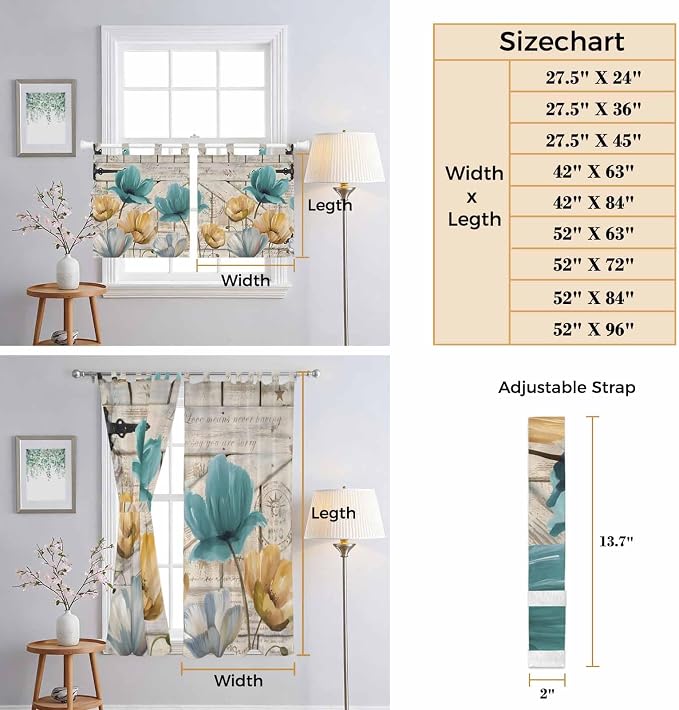 Watercolor Flowers Kitchen Curtains 36 Inch Length, Small Window Curtains Tab - Image 8