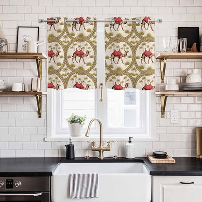 2 Panel Kitchen Cafe Curtains, Camels Palm Trees Sunlight Filtering Nature Air - Image 2