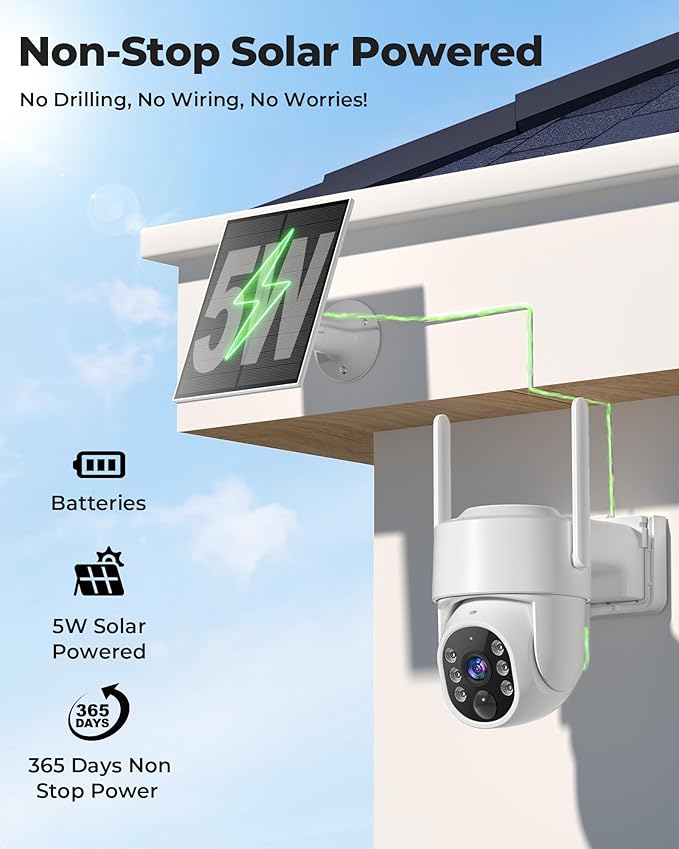 Gianteye 4MP Solar Security Cameras Wireless Outdoor, WiFi Security Camera Outside with Color Night Vision, Solar & Battery Powered 2.4G&5G Camera for Home Security,Compatible Home Hub Only