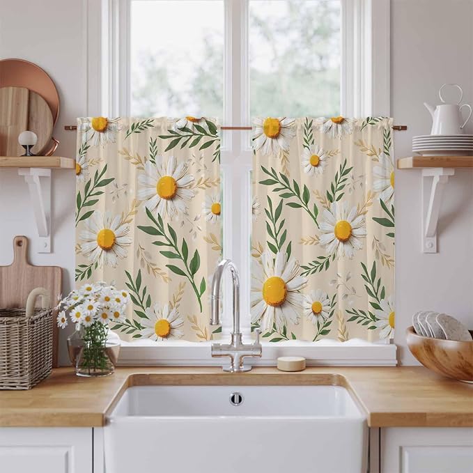 Spring Daisy Tier Curtains, Country Watercolor Flower Leaf Plant Light - Image 2