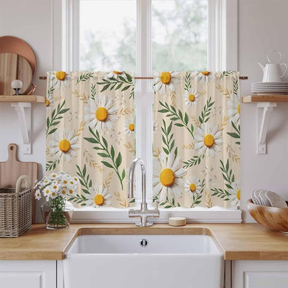 Spring Daisy Kitchen Curtains, Country Watercolor Flower Leaf Plant Light - Image 2