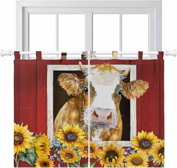 Cows Sunflowers Bedroom Curtains 63 Inch Length, Window Curtains Tab Top by Unknown