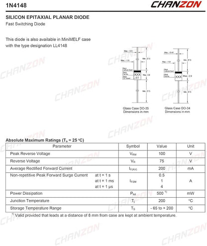 Chanzon 1N4148 Small Signal Fast Switching Diodes High-Speed Axial 200mA 100V - Image 2