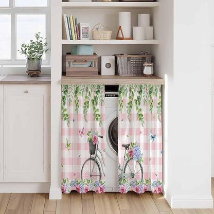 Spring Kitchen Curtains, Bicycles Leaves Butterfly Flowers Pink Buffalo Plaid - Image 7
