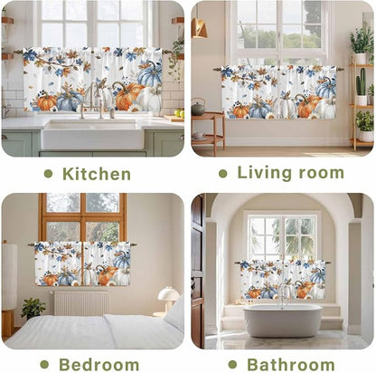 Navy Blue Pumpkin Fall Kitchen Tier Curtains 24 Inch Long 2 Panel Set, Rod - Image 8