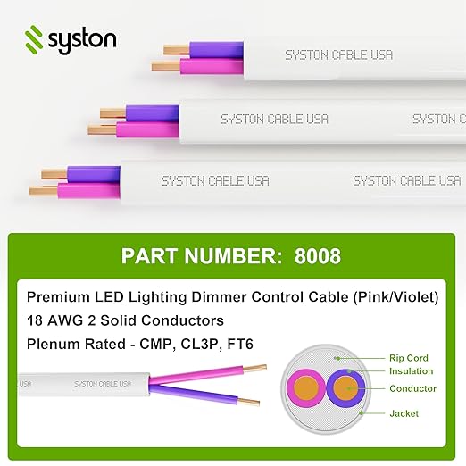 Syston Cable Technology 18/2 LED Lighting Dimmer Dimming Luminaire Control Wire Cable,18 AWG 2 Conductors Solid Bare Copper Unshielded Plenum Rated CMP CL3P FT6, for Ballast Wiring and Connection
