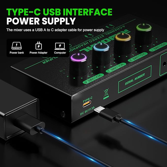 Riworal 4 Channels Headphone Amplifier with 3.5mm/6.35mm/ TRS Jack Input for Dj Mixer Amps Splitter with 8 Output Ports Separate Volume Control Output for Speaker Or Monitor Headphone