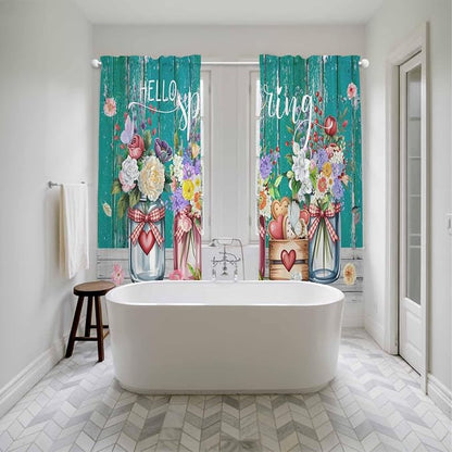 Spring Flowers Kitchen Curtains, Farmhouse Watercolor Teal Wood Grain Light - Image 5