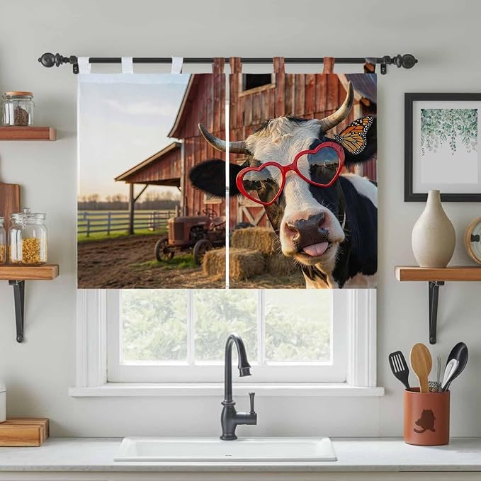 Farm Cows Kitchen Curtains 45 Inch Length, Short Cafe Window Curtains Tab Top - Image 3