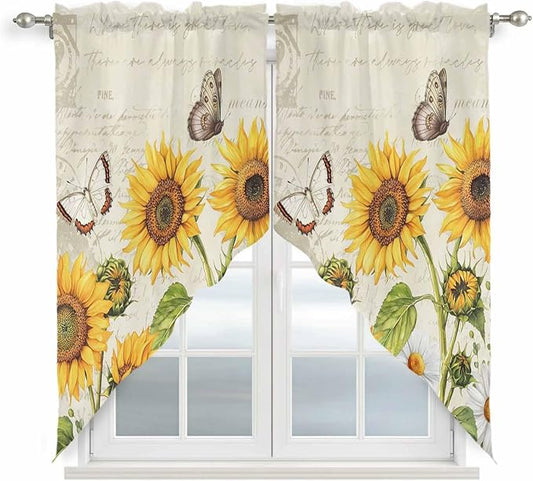Farm Sunflowers Swag Valances for Windows, Retro Flowers Butterfly Botanical by Unknown