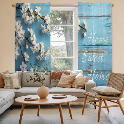 Farmhouse Wooden Grain Kitchen Curtains, Vintage Shabby Chic Flower Blue Light - Image 3