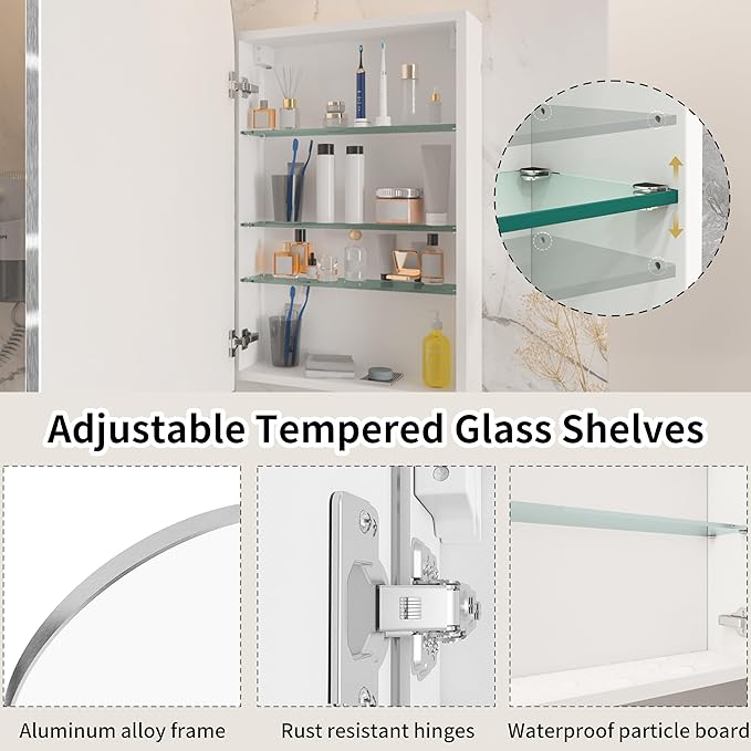 24x36 Inch Arch Bathroom Mirror Medicine,Cabinet,Brushed Silver Wall Mounted Bathroom Mirror with Storage,Adjustable Glass Shelves,Surface Mount Only,Mirrored Medicine Cabinets for Bathroom