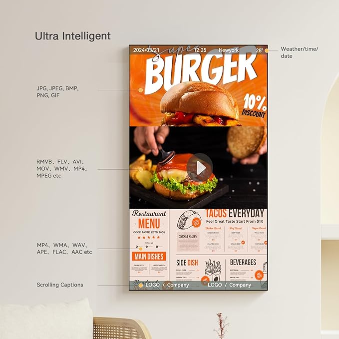 Canlarriz Digital Signage Display 65 inch Wall Mount Digital Menu Board for Restaurants and Stores Advertising Screen 700 nits Ultra-High Brightness 4K UHD Free Web Content Editor Android 4GB + 32GB