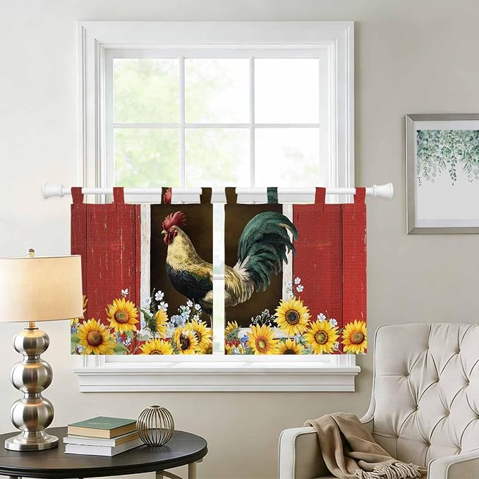Chicken Sunflowers Kitchen Curtains 24 Inch Length, Small Window Curtains Tab - Image 2