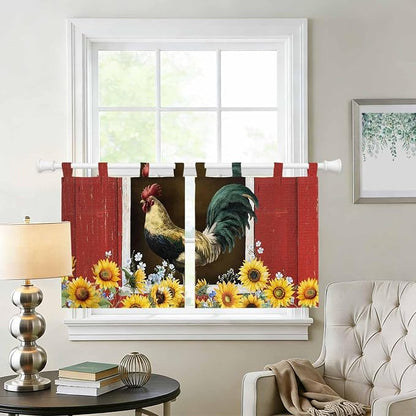 Chicken Sunflowers Kitchen Curtains 24 Inch Length, Small Window Curtains Tab - Image 2