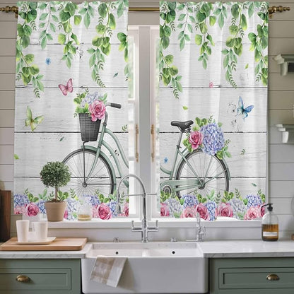 Spring Kitchen Curtains, Bicycles Botanical Rose Leaves Butterfly Wood Grain - Image 2