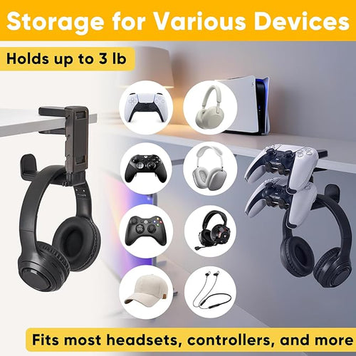 3 in 1 Under Desk Headphone Hanger with Adjustable Clamp Mount, 2 Controller Slots & 1 Headset Universal Holder Stand, Rotatable Hook Rack & Cable Organizer, for Home Gaming Xbox ps5 - Black