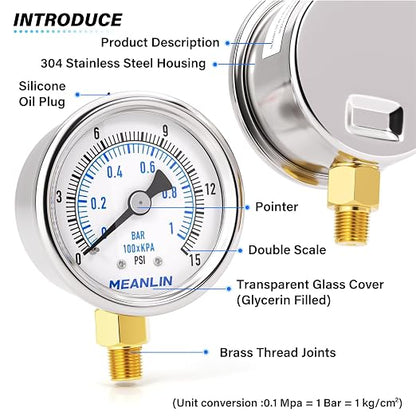 MEANLIN MEASURE 0~15Psi Dry Low Pressure Gauge Stainless Steel 1/" NPT 2" FACE - Image 4