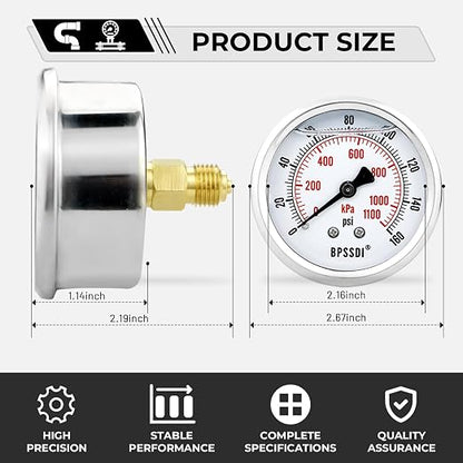 0-160 Psi Glycerin Liquid Filled Low Pressure Gauge, 2.5" Dial Size, 1/4" G - Image 3