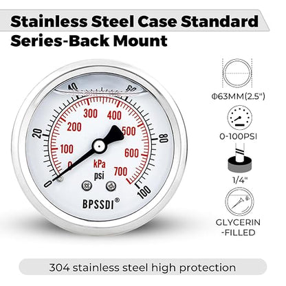 0-100Psi Glycerin Liquid Filled Low Pressure Gauge, 2.5" Dial Size, 1/4" G Back - Image 4