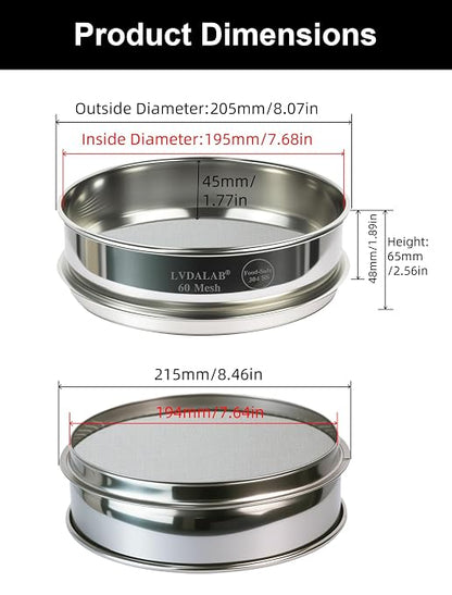All 304 Stainless Steel 60 Mesh Test Sieve, 8 Inch/20cm Diameter, Flour Sifter - Image 5