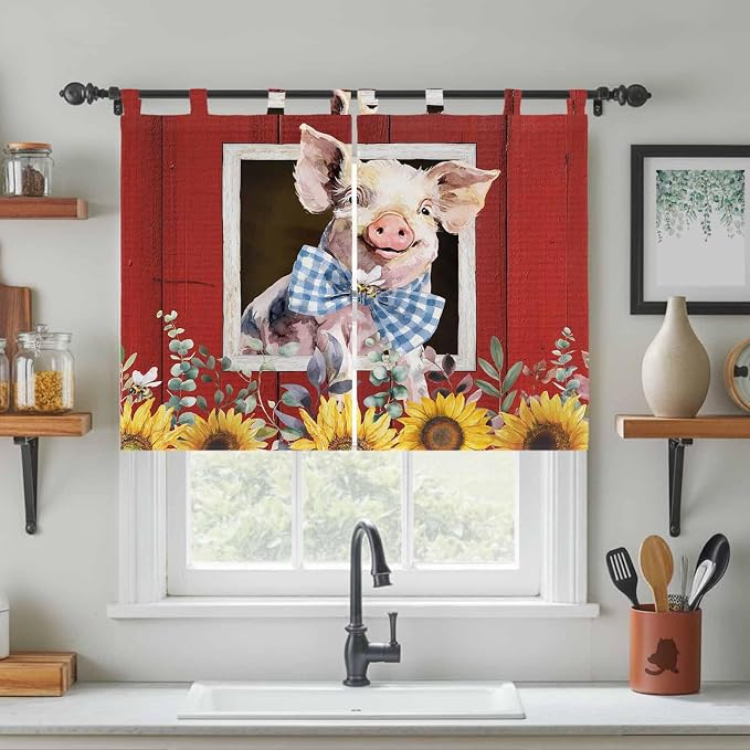 Pig Sunflowers Bedroom Curtains 63 Inch Length, Window Curtains Tab Top - Image 3