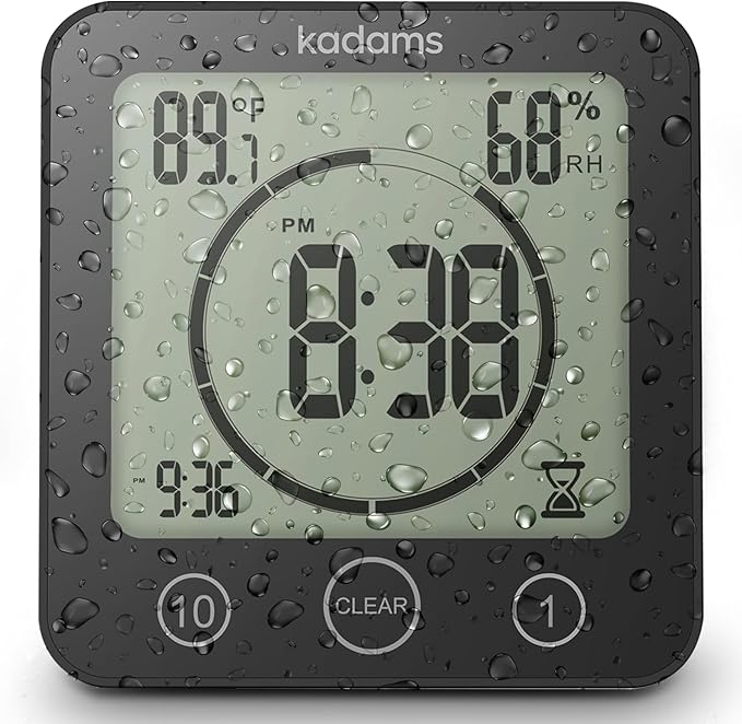 KADAMS Shower Clock Waterproof Bathroom Timer – Digital Wall Clock with Countdown, Magnetic Kitchen Clock with Temperature & Humidity, Suction Cup for Kids Shower Spa Cook Bath (Black)