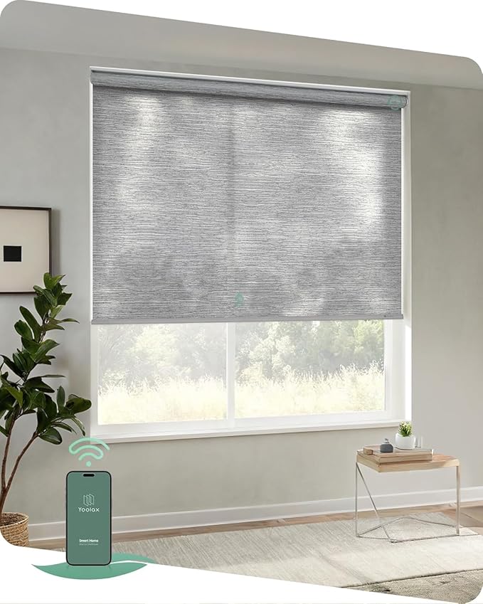 Yoolax Motorized Blinds App Control, Light Filtering Motorized Shades for Windows, Cordless Automatic Roller Shades for Bedroom Living Room Office(Light Filtering Jacquard Gray, 46" W x 72" H)