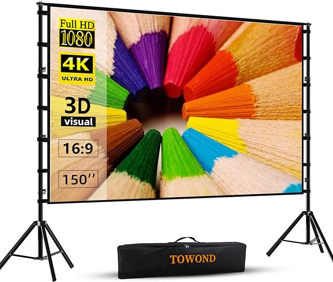TOWOND Projector Screen and Stand, 150 inch Indoor Outdoor Projection Screen, Portable 16:9 4K HD Rear Front Movie Screen with Carry Bag Wrinkle-Free Design for Home Theater Backyard Cinema