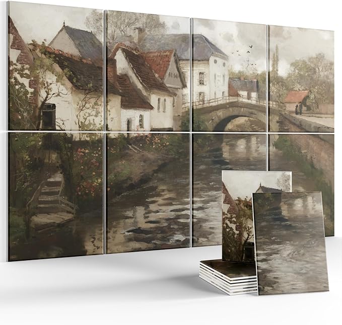 Wall Art Acoustic Panels,70''×47''Sound Absorbing Panels-8-Pack with 60 Adhesive Tabs, Panels for Living Room and Recording Studio, Offices-Small Town Near La Panne