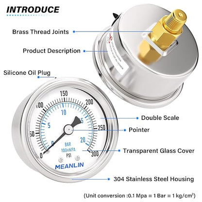 MEANLIN MEASURE 0~300Psi Dry Pressure Gauge Stainless Steel 1/8" NPT 2" FACE - Image 4