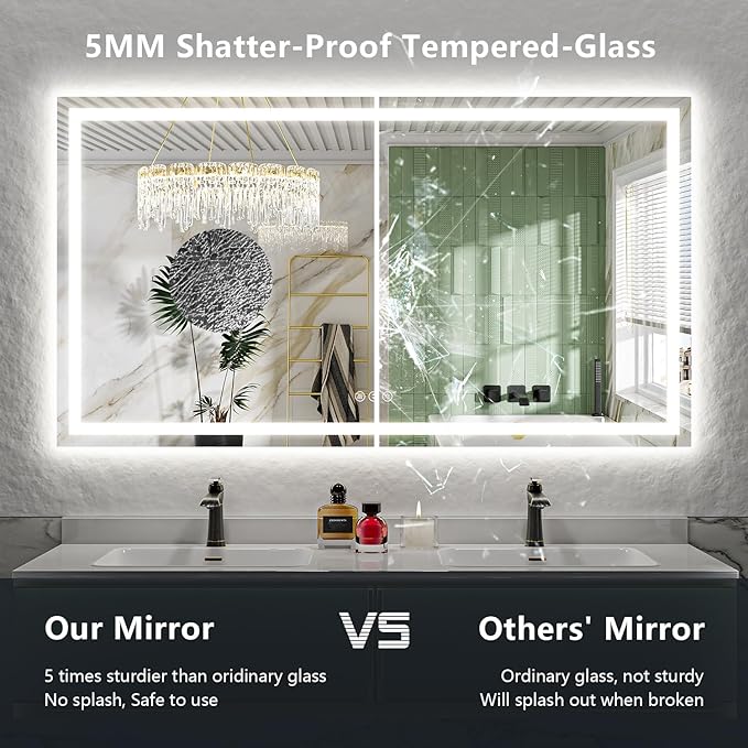 YEELAIT 68x36 Inch LED Bathroom Mirror with Lights Front and Backlit Lighted Vanity Mirror for Bathroom Wall with 3 Colors Dimmable Anti-Fog Memory Shatter-Proof IP54 Waterproof Horizontal/Vertical