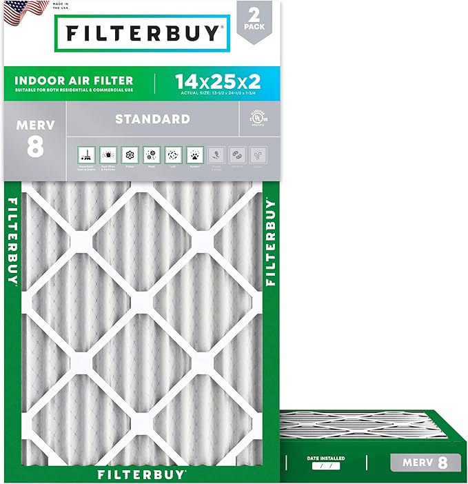 Filterbuy 14x25x2 Air Filter MERV 8 Essential Dust & Allergy Defense, by Filterbuy