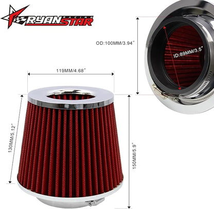 RYANSTAR RACING 89mm 3.5" High Flow Round Tapered Cone Cool Air Filter Cleaner - Image 2