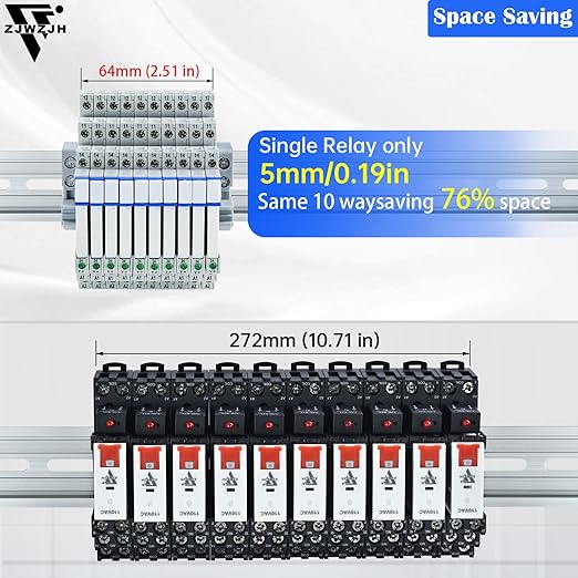 2Pcs Miniature Power Relay DC 24V HF41F/24-ZS 5 Pin 1NO 1NC 6A SPDT with LED Indicator with Socket Base 41F-1Z-C5 with DIN Rail UL Certification