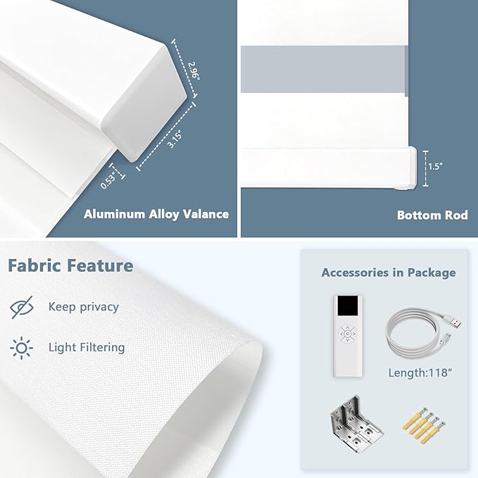 COOLWINDS Motorized Zebra Blinds for Windows Cordless Electric Curtains with Remote Control Blackout Shades Custom Smart Blinds Compatible with Alexa Google Home(Light Filtering White,W46 X 72in)