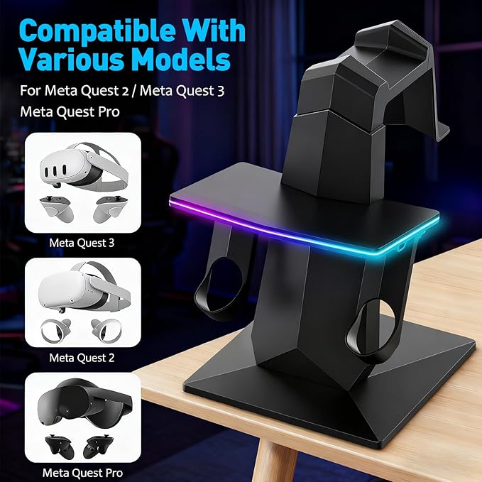 Charging Dock for Meta Quest 3S, Quest 3, 2 or Pro，RGB Charging Vertical Stand，Accessories with Brightness Adjustment and 14 Light Effects Adjustment, Type-C Charging Port