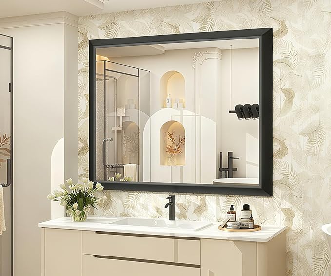 SMIROR Matte Black Bathroom Mirror for Over Sink 40x 36 inch, Metal Thick Frame Rectangle Vanity Mirror for Wall, Anti-Rust, Horizontally or Vertically Mounted