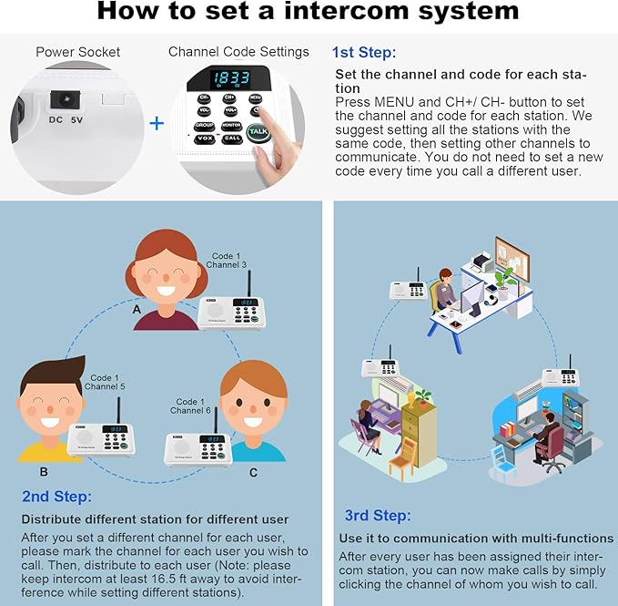 Wuloo Intercoms Wireless for Home 1 Mile Range 22 Channel 100 Digital Code Display Screen, Wireless Intercom System for Home House Business Office, Room to Room Intercom Communication(3Stations White)