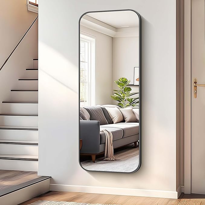 Bathroom Mirror, 60 x 24 inch Metal Framed Black Rectangle Mirror, Rounded Corner Rectangular Vanity Mirror, Large Wall Mounted Mirror for Modern Bedroom Living Room Horizontal or Vertical