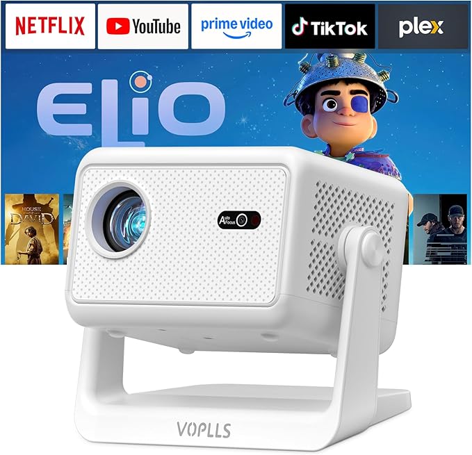【Officially-Licensed APP & 1800 ANSI】Smart Mini Projector with WiFi and Bluetooth 4K Support, VOPLLS Auto Focus/ Keystone Outdoor Portable Movie Phone Video Proyector for Bedroom/Home/Wall/Celling