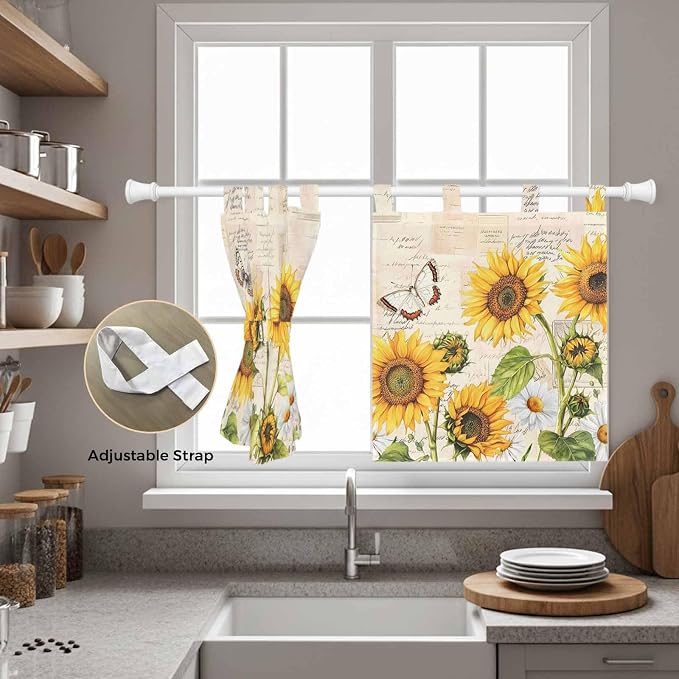 Yellow Sunflowers Kitchen Curtains 24 Inch Length, Small Window Curtains Tab Top - Image 5