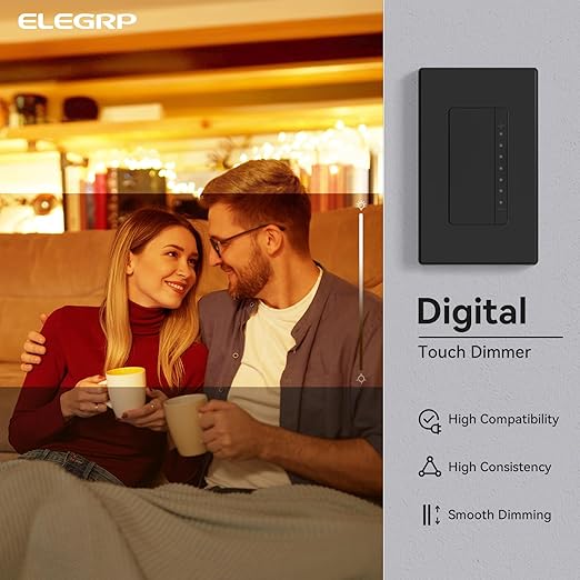 ELEGRP Dimmer Switch, Digital Dimmer Light Switch for LED Lights 150W, INC/HAL 450W, Single Pole LED Dimmer Switch, Needs Neutral Wire, Wall Plate Included, UL Listed, 6 Pack, Matte Black
