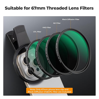 K&F CONCEPT 67mm Clip-on Black Diffusion 1/4&CPL Phone Camera Lens Filter Kit - Image 4